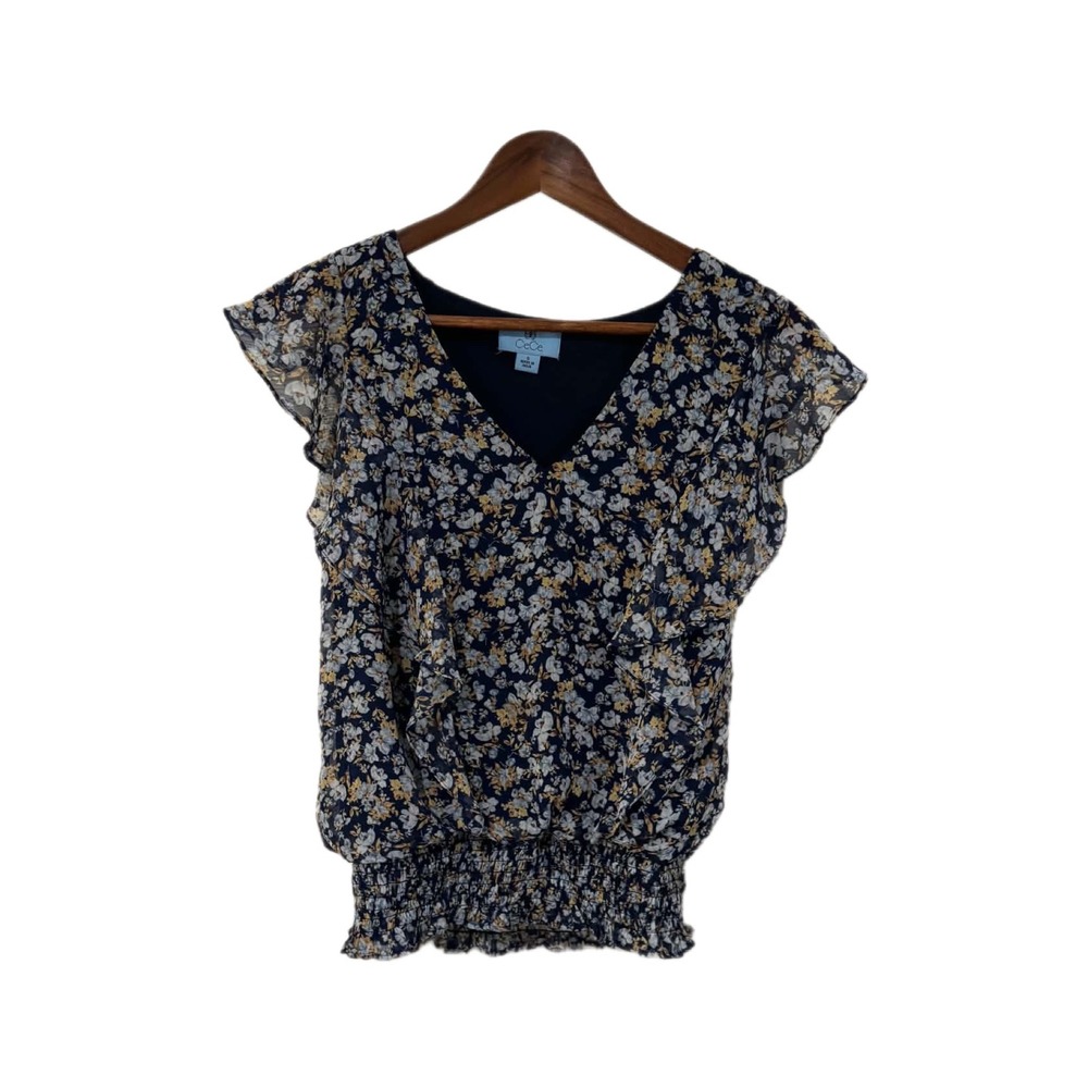 CeCe Blouse Womens S Navy Blue Excellent Smocked Floral Flutter Sleeve Top